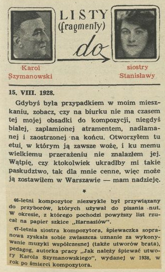 Listy (fragmenty) Karol Szymanowski do siostry Stanisławy
