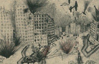 Wojna w oczach dzieci. Autor: Rajmund Nowakowski (14 lat) „Bombardowanie Warszawy. Wrzesień 1939 r.”