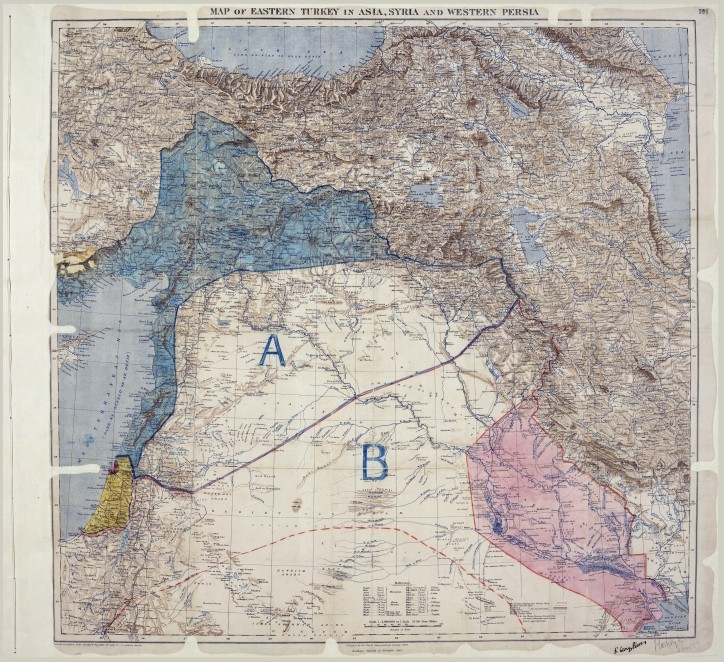 Oryginalna mapa, dołączona do umowy Sykes-Picot z 1916 r., pokazująca podział stref wpływu między Wielką Brytania a Francją (National Archives, UK)