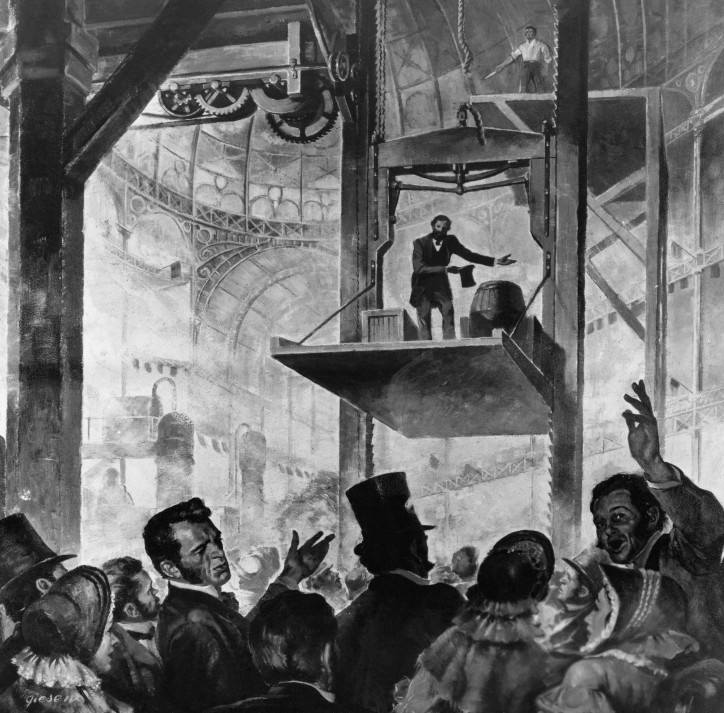 Elisha Otis prezentujący hamulec awaryjny w windzie swego projektu w 1854 r. (autor nieznany, CC)