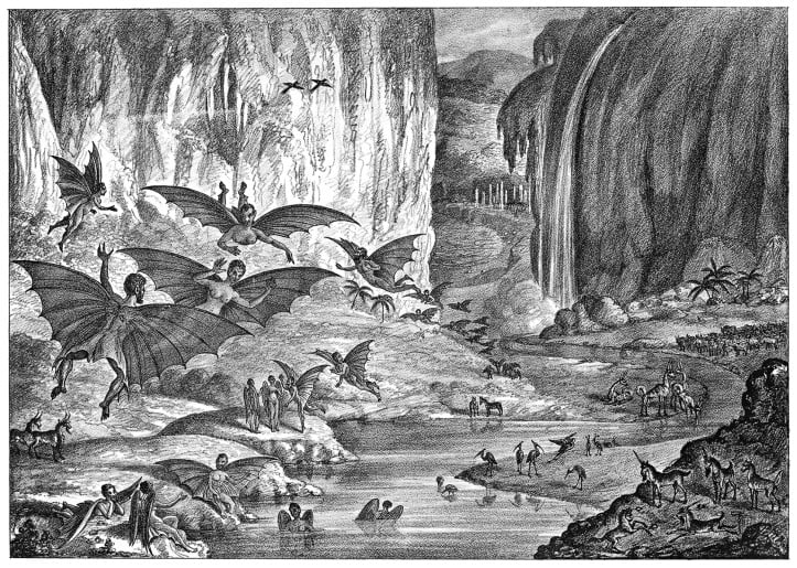Ludzie nietoperze, jednorożce i ptactwo wodne - „The Sun" zapewniał, że wszystko to na powierzchni Księżyca zobaczył John Herschel. / rycina ze zbiorów Library of Congress. Photos and Photograph Division, Waszyngton