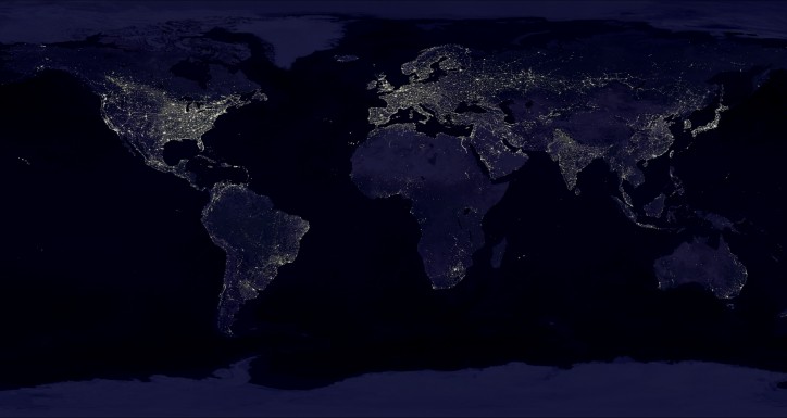 Mapa światowego zanieczyszczenia światłem, źródło: Marc Imhoff (NASA GSFC) i Christopher Elvidge (NOAA NGDC), zdjęcie: Craig Mayhew i Robert Simmon (NASA GSFC)
