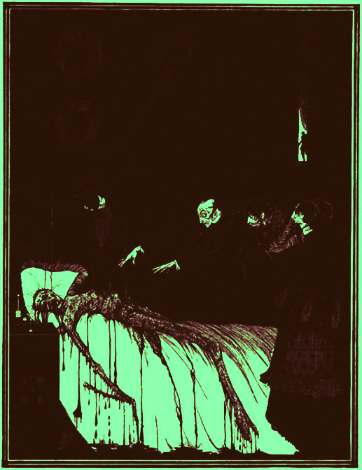 Illustration for Edgar Allan Poe's "The Facts in the Case of M. Valdemar" by Harry Clarke (1889-1931). Published in 1919. Public domain
