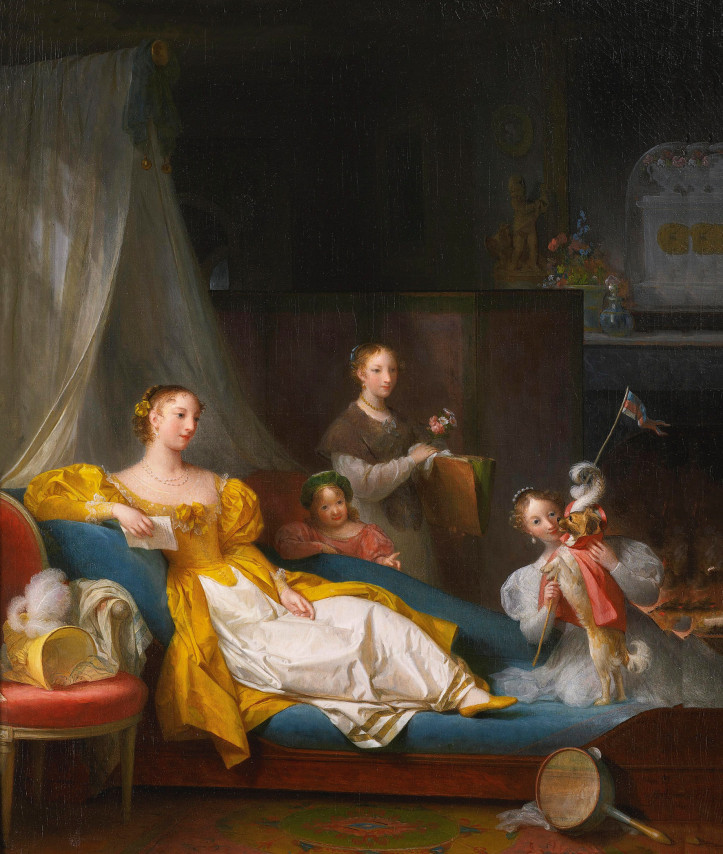 Marguerite Gérard, „Rodzina we wnętrzu bawiąca się z psem”, XVIII/XIX w. 