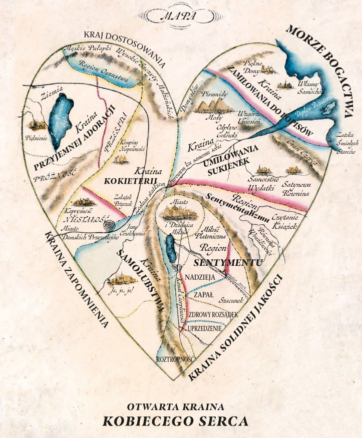 Mapa na podstawie „Otwartej krainy kobiecego serca” przedstawiającej jego wewnętrzne połączenia oraz ułatwienia i niebezpieczeństwa czyhające tam na podróżnych Anonimowej Damy z lat 30. XIX w.; zdjęcie: domena publiczna