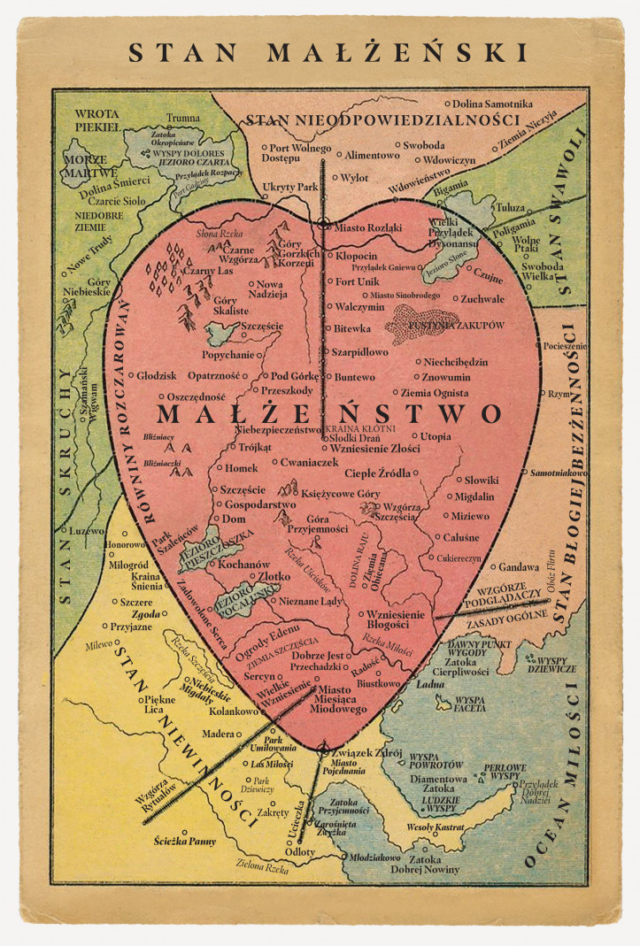 Mapa na podstawie „Mapy Zjednoczonych Stanów Małżeńskich”: według pomiarów inż. Kupidyna, którego znajomość tego i sąsiednich państw upoważnia do tytułu wielkiego znawcy George'a Edwarda Moraya z 1909 r.; zdjęcie: domena publiczna