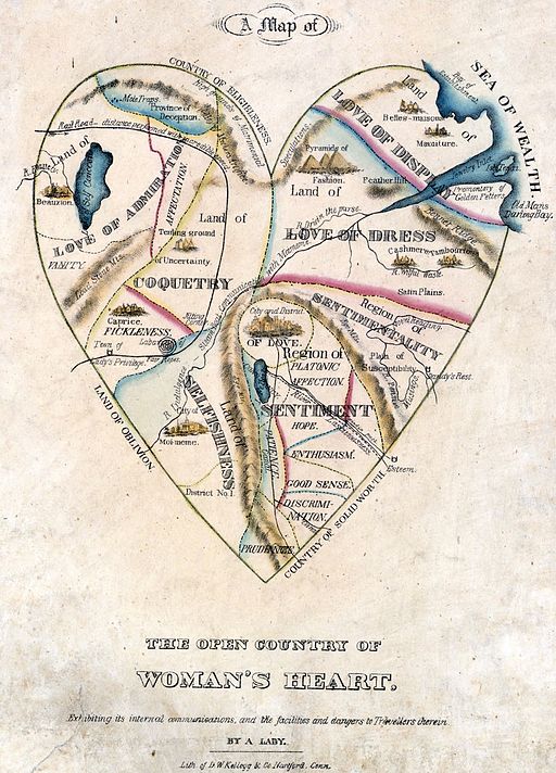 A Map of the Open Country of Woman's Heart, Exhibiting its internal communications, and the facilities and dangers to Travellers therein, By A Lady; Lith. of D.W. Kellog & Co, ca. 1830s