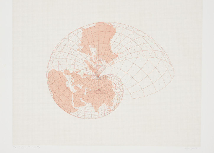 Agnes Denes, Systemy izometryczne w przestrzeni izotropowej – projekcje map: ślimak (1976) / at. MSN