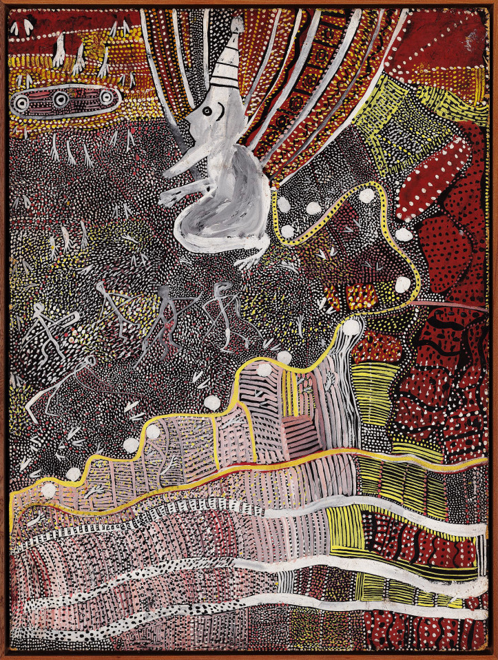 Johnny Warangkula Tjupurrula, “Mala Hare Wallaby Man of Tjikari, with Rain Dreaming of Kalipinypa”, 1972, © the artist, licensed by Aboriginal Artists Agency Ltd.