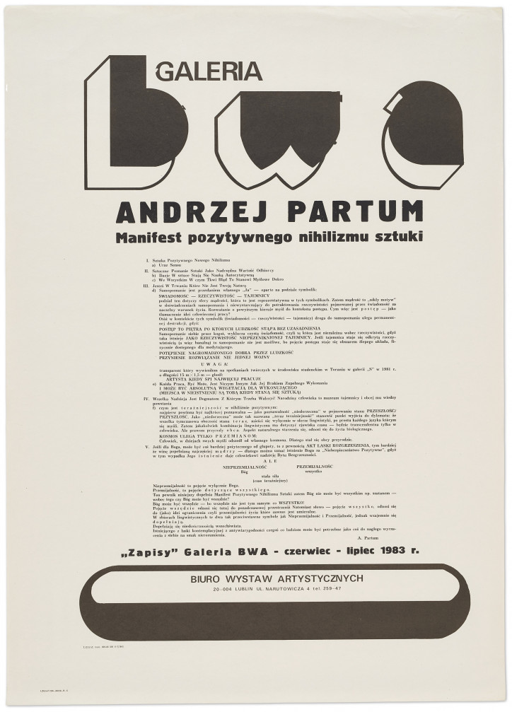 Andrzej Partum, „Manifest pozytywnego nihilizmu sztuki” 1983 r. (dzięki uprzejmości galerii Monopol)