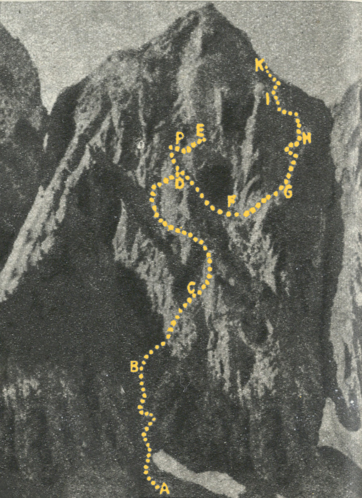 Oto północna ściana Małego Jaworowego szczytu. W miejscu oznaczonym literą P. znajduje się platforma, na której leżał Szulakiewicz. Powyżej — miejsce odpadnięcia Jarzyny. Kropki oznaczają szlak, którym szli Komorniccy w 1911 roku.