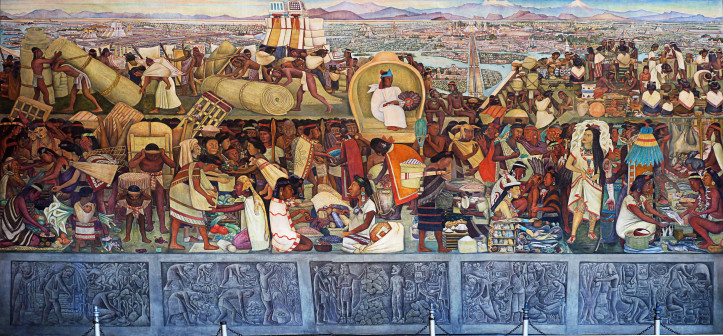 Diego Rivera, fragment muralu przedstawiającego historię Meksyku, w tle azteckie miasto Tenochtitlán, między 1929 a 1935 r., Palacio Nacional, Meksyk