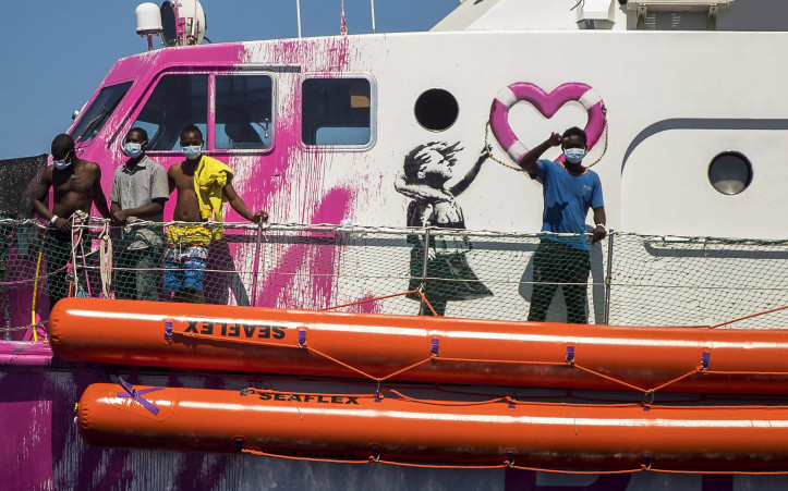 Louise Michel, a French patrol boat currently operated by activists and financed by Banksy, in the central Mediterranean, south of Lampedusa