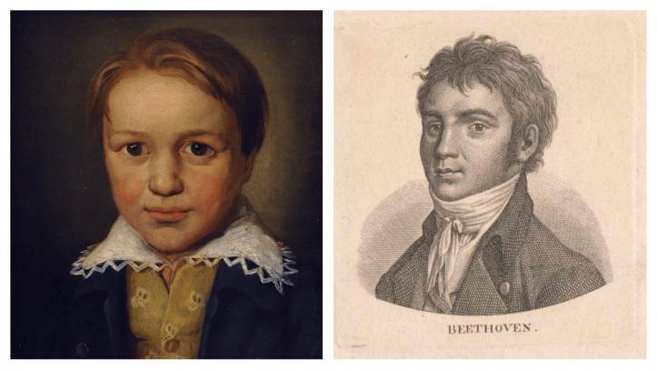 Od lewej: anonimowy obraz chłopca czasami uważanego za młodego Ludwiga (Muzeum Beethovena tego nie potwierdza), jeden z pierwszych portretów kompozytora – miedzioryt Ernsta Ludwiga Riepenhausena z 1801 roku (domena publiczna)