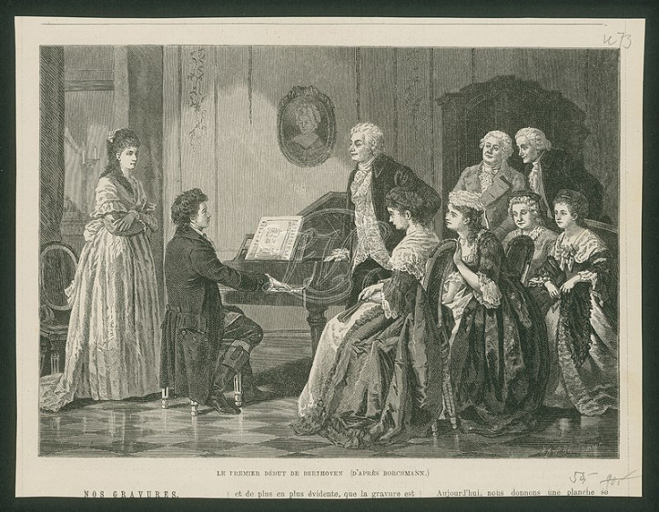  „Pierwszy koncert Beethovena”, drzeworyt autorstwa Richarda Brend'amoura, ok. 1890 roku (domena publiczna)