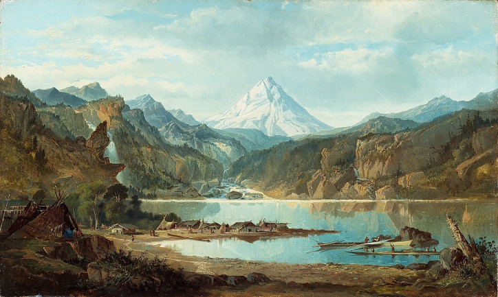 „Pejzaż górski z wioską indiańską”, John Mix Stanley, 1870-1872 r.; źródło: Wikimedia Commons