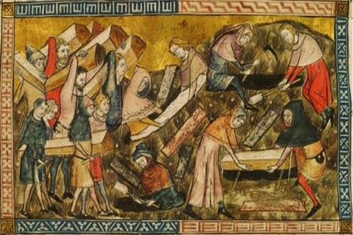 „Mieszkańcy Tournai grzebią ofiary Czarnej Śmierci”. Autor: Pierart dou Tielt, ok. 1353 r.