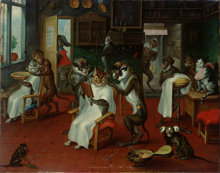 „Zakład fryzjerski z małpami i kotami”, Abraham Teniers , połowa XVII wieku/KHM (domena publiczna)