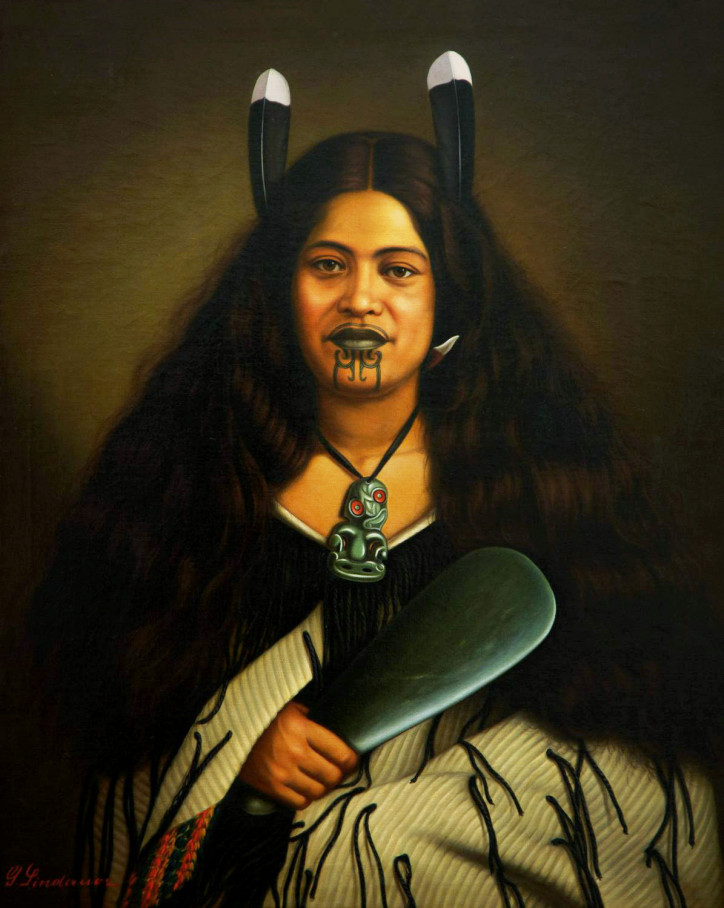 Pare Watene. The huia feathers in her hair, moko on her chin, and the greenstone hei-tiki pendant confirm her high social status; in one hand, she is holding a mere, short, teardrop-shaped weapon. Gottfried Lindauer, 1878, Auckland Art Gallery Toi o Tāmaki