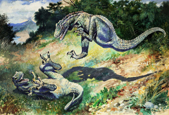 Walczące dryptozaury, Charles R. Knight, 1897 r.; zdjęcie: domena publiczna