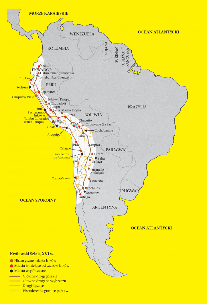 Mapa na podstawie książki „The Inca Road System” Johna Hyslopa, grafika Manco Capac, via Wikimedia Commons CC BY-SA 3.0. Opracowanie: redakcja „Przekroju”.