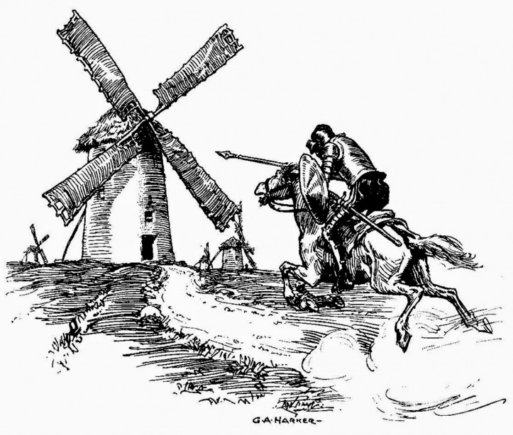 rycina: Don Kichot walczy z wiatrakami, Wikipedia, domena publiczna