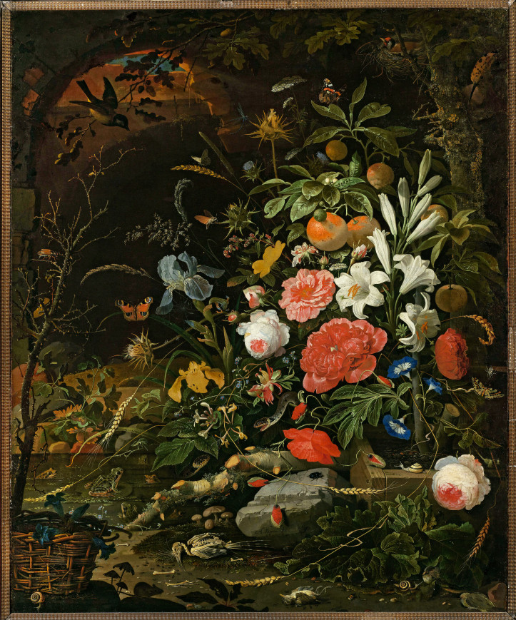 „Kwiaty i drobne stworzonka – Vanitas”, Abraham Mignon, XVII w., Muzeum Narodowe w Warszawie (domena publiczna)